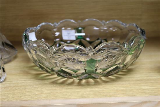 An Art Deco style decanter with three glasses and a cut emerald glass bowl signed Van St Lambert bowl diameter 30.5cm